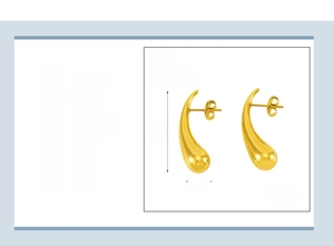 Detailed view of golden teardrop earrings in 8x30mm size with stainless steel specs