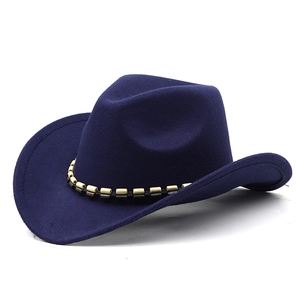 Detail of dark blue wool fedora with decorative beaded band and classic rolled brim