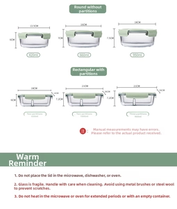 Size chart for heat-resistant glass lunch boxes showing various shapes and volumes