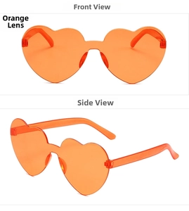 Vues de face et de côté de lunettes de soleil orange en forme de cœur sans monture