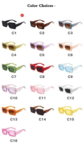 Detailed grid showing 16 color choices of retro rectangle sunglasses in various finishes