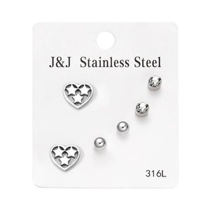 Three pairs of 316L stainless steel stud earrings with heart, crystal and ball designs