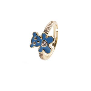 Adjustable gold plated bear ring with blue enamel and cubic zirconia stones