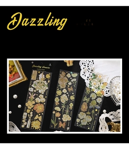 Detail of vintage floral gold foil stickers with butterflies and PET artistic material
