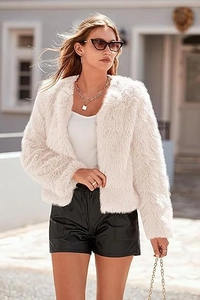 Detailed texture of white faux fur short jacket with premium soft finish and long sleeves