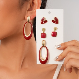 Red Heart Square Oval Earrings Enamel Alloy Vintage Fashion Jewelry For Women With 925 Sterling Silver Earring Post