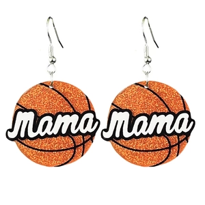 Close-up of glittery orange basketball dangle earrings with Mama text in white script