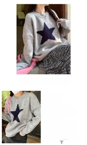 Detail view of grey knit sweater with blue star pattern and fabric composition breakdown