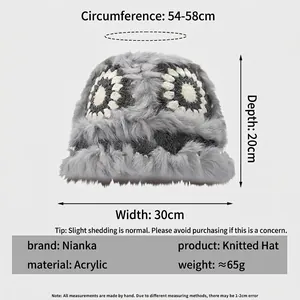 Grey plush faux fur hat with floral embroidery and thickened winter thermal lining