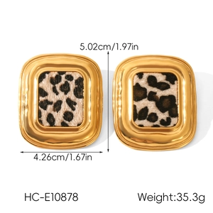 Vue détaillée de boucles d'oreilles carrées en acier 18K avec motif léopard et dimensions