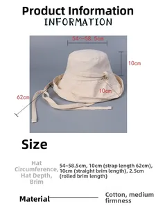 Detail of cream cotton sun hat with chin straps showing 54-58.5cm circumference