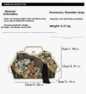 Detail of shell-shaped bag showing dimensions, embroidery material and pearl handle