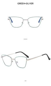 Green and silver cat-eye metal glasses frame shown in front and side view detail