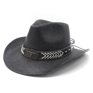 Western Cowboy Straw Hat With Bull Skull Leather Band Wide Brim Breathable Retro Ethnic Sun Shade Outdoor