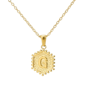 Golden stainless steel hexagon necklace with engraved letter G and beaded edge details