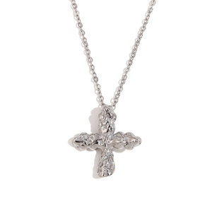 Silver stainless steel cross necklace with hammered lava texture on a minimalist chain