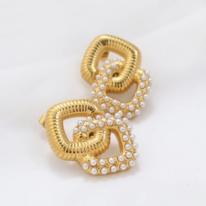 Golden titanium steel interlocking heart earrings with zircon and white pearl detail