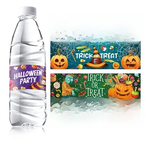Halloween water bottle labels with spooky pumpkin and ghost patterns for party decor