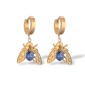 Gold plated titanium steel hoop earrings with blue zircon bee pendants in pair