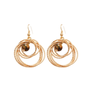 Vintage gold layered circle earrings with tiger eye stone bead for women