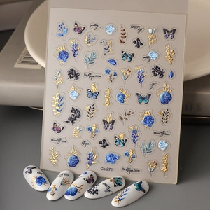 Stickers ongles 5D détaillés avec roses bleues, feuilles dorées et papillons modèle Co-271