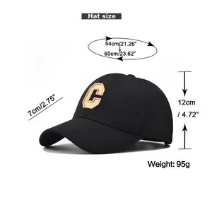 Detailed size chart for cotton baseball cap showing 54-60cm circumference and brim length