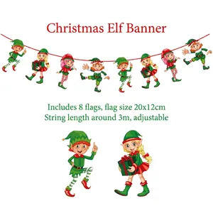 Detailed view of Christmas elf bunting set with 8 cartoon pieces on 3m string