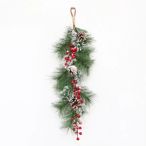 60cm Christmas swag with pine needles, red berries and snow-dusted pine cones