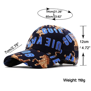 Hip hop baseball cap in navy blue with horse pattern and sizing guide 54-60cm