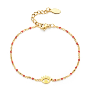 Detail of gold evil eye bracelet with red beads and adjustable lobster clasp closure