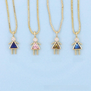 Detail view of four gold-plated birthstone girl pendants with colorful zircon inlays