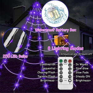 Purple Halloween spider web lights with 250 LEDs, 8 modes, remote, and timer function