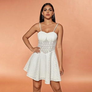 Close-up detail of white eyelet lace embroidery on a summer strap mini dress