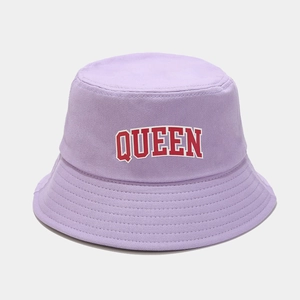 Detail of light purple cotton bucket hat with red and white QUEEN letter embroidery