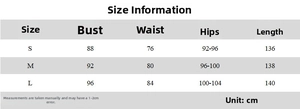 Guide des tailles pour la robe longue dos nu avec mesures du buste, taille et hanches