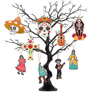 Set of 8 vibrant Day of the Dead hanging ornaments featuring skull and guitar designs