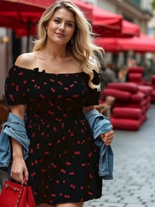 Detail of square neck dress featuring cherry print and ruffled bubble sleeves