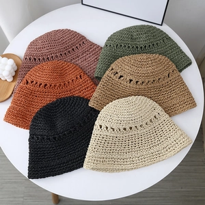 Minimalist straw bucket sun hats for women in six colors with woven texture