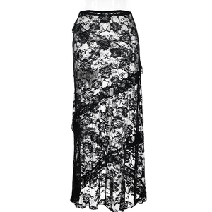 Close-up of black lace maxi skirt showing sheer rose floral patterns on a mannequin
