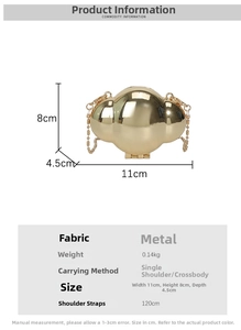 Detailed view of mini golden shell cloud metal bag with chain strap and dimension labels