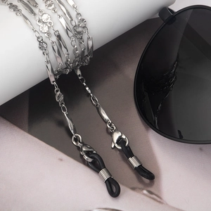 Sleek stainless steel glasses chain with decorative floral discs and non-slip loops