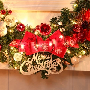 270cm Christmas PVC garland with red bows, LED lights, and Merry Christmas sign