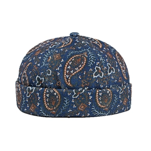 Bonnet docker ethnique bleu marine en velours côtelé avec motif paisley et sans bord