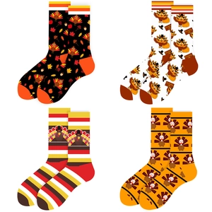 Thanksgiving turkey socks set featuring autumn maple leaves and pumpkins on four pairs of socks