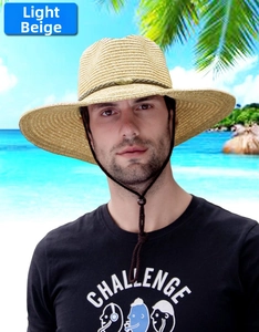 Détail d'un chapeau de soleil beige clair pour homme avec bord large et cordon