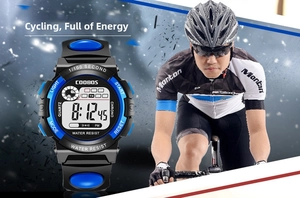Waterproof sports digital watch for kids in black and blue showing cycling scene