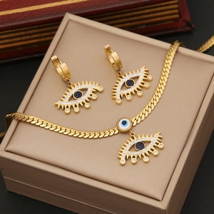 Golden Evil Eye jewelry set with turquoise necklace and matching earrings on display
