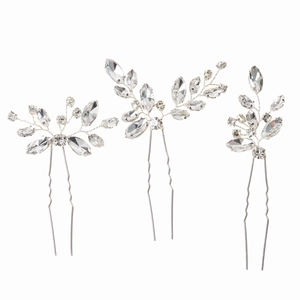 Three-piece silver bridal hair pins set with sparkling crystal leaf and floral designs