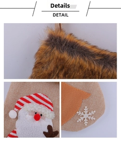 Detail view of plush faux fur cuff and 3D Santa Claus applique on a linen Christmas stocking