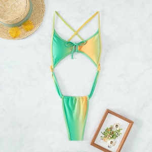 Sultry green and yellow gradient monokini with tie-up neck and high-cut leg style